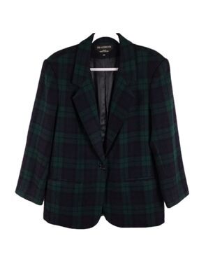 Braebrook Blue Green Plaid Wool One Notched Collar Long Sleeve Button Blazer